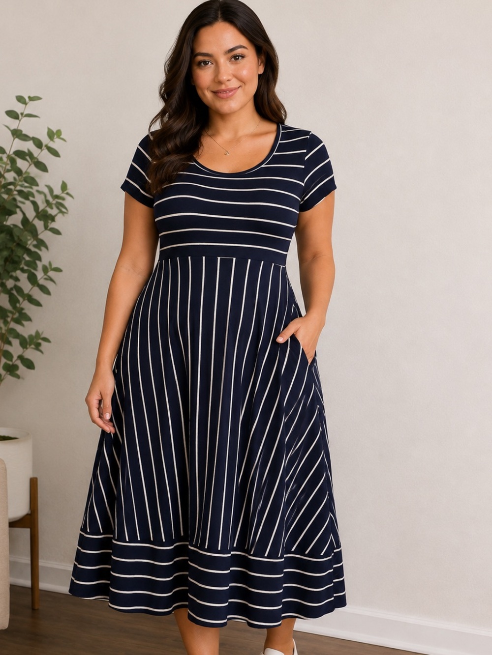 Torrid Super Soft Navy Striped Midi Dress Pockets Size 00